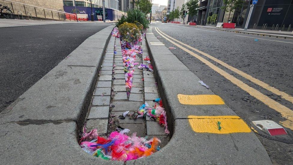 Feathers left in Cardiff after a Harry Styles concert