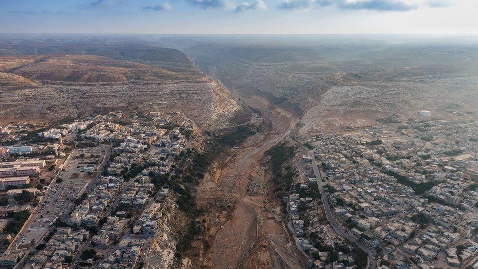 An aerial shot of the Wadi Derna river