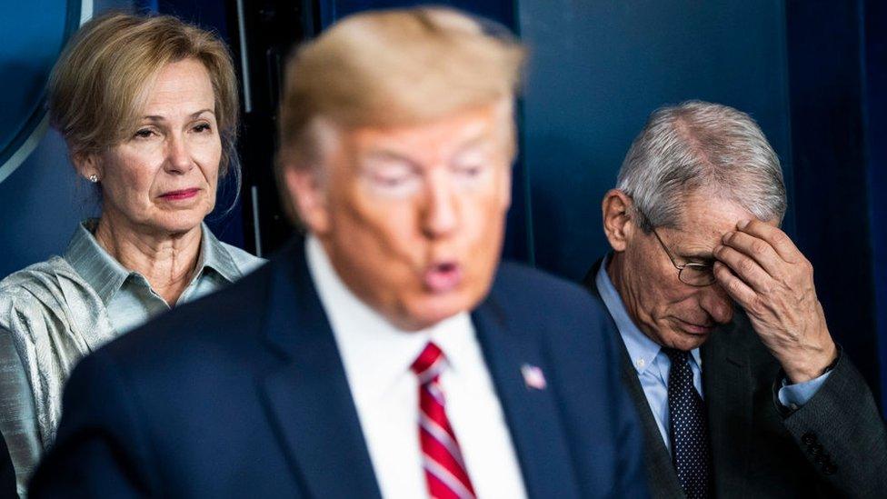 Trump stands with Dr Deborah Birx and Dr Anthony Fauci during a coronavirus briefing