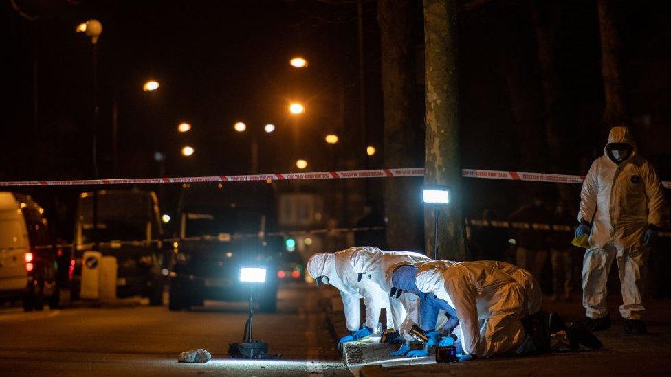 Police carry out a fingertip search in Poynders Road where Sarah was last seen, on 9 March 2021