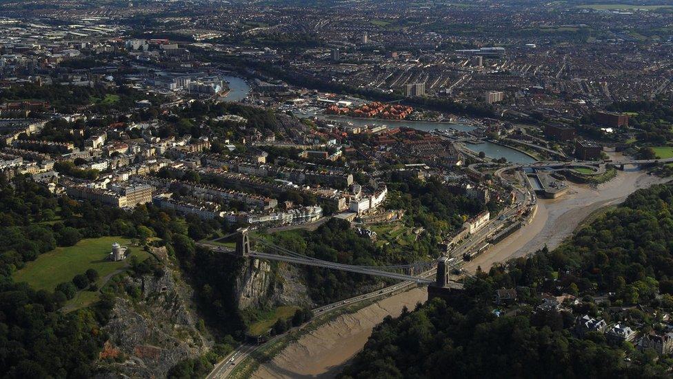 Aerial shot of Bristol showing Clifton Suspension Bridge, A4 Portway, Cumberland Basin and River Avon