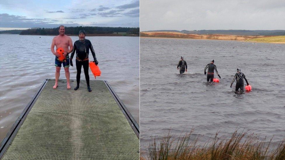 Alan Holmes, his son Andrew and other swimmers