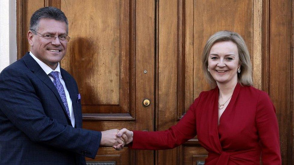 Liz Truss and Maroš Šefčovič shaking hands