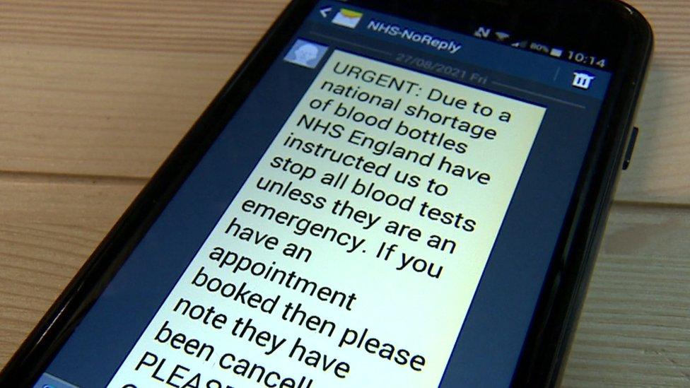 A text message sent by the NHS informing patients about the ongoing blood test tube shortage