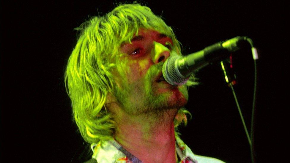 Nirvana's lead singer and songwriter Kurt Cobain on stage at the Reading Festival on 30 August 1992