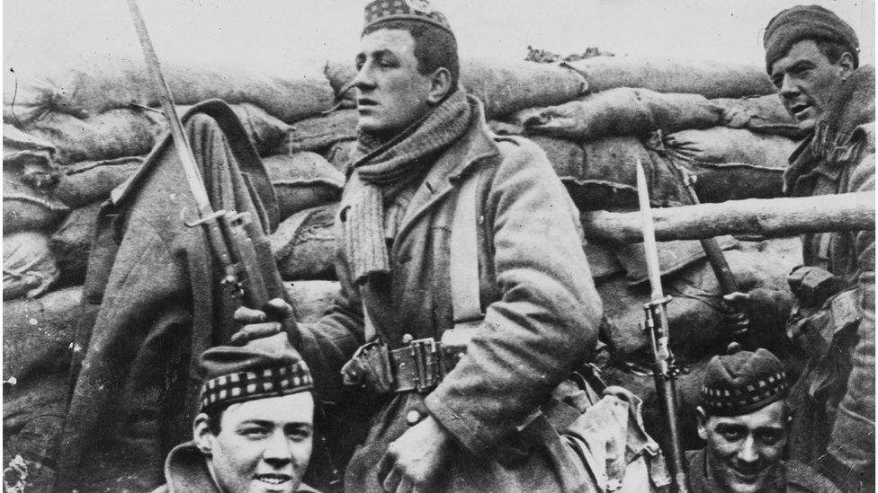 Members of a British Highland regiment in a trench during World War I, 1915. (