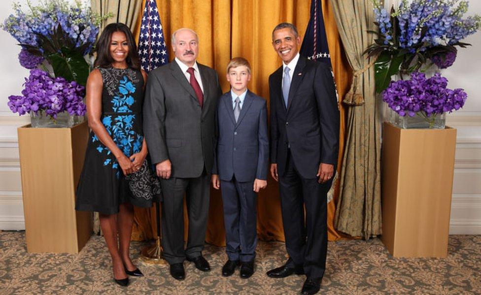 Belarus President Alexander Lukashenko and his son Kolya pose with the Obamas at a reception in honour of the United Nations General Assembly, 28 September 2015