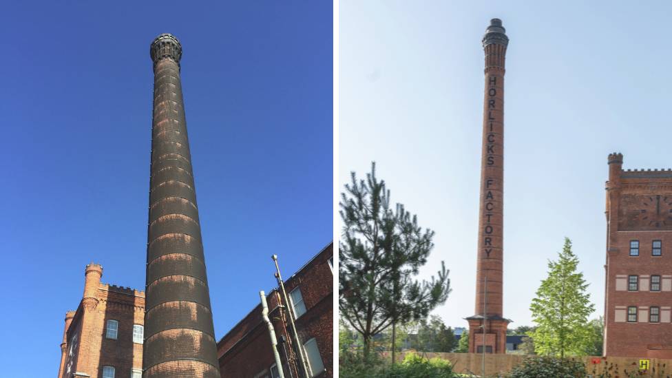 Before and after of the old Horlicks chimney