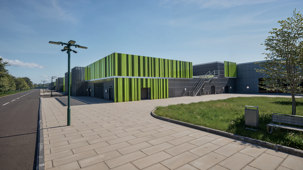 An artist's impression of the proposed new green AI energy centre in Ravenscraig. It is a large building with a grey roof and green design on the walls.