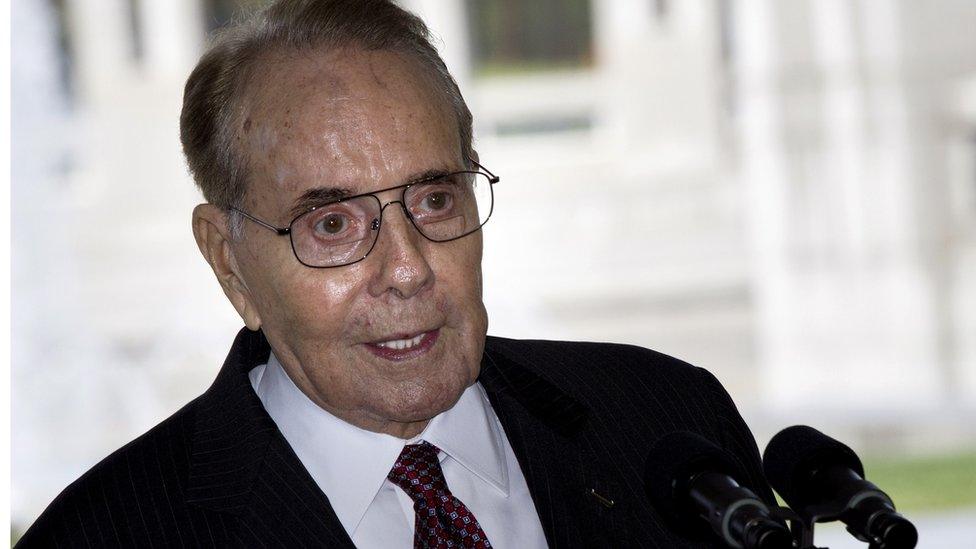 Senator Bob Dole (R-KS) speaks during an event at the World War II Memorial 12 April 2011 in Washington, DC.