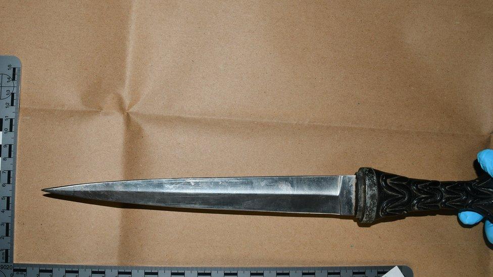 The murder weapon, a 35.5cm double-edged knife