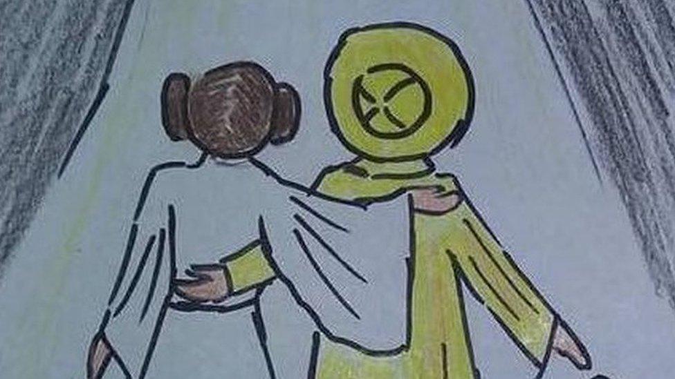 Drawing of Carrie Fisher's character Princess Leia, arm in arm with a woman in rainwear