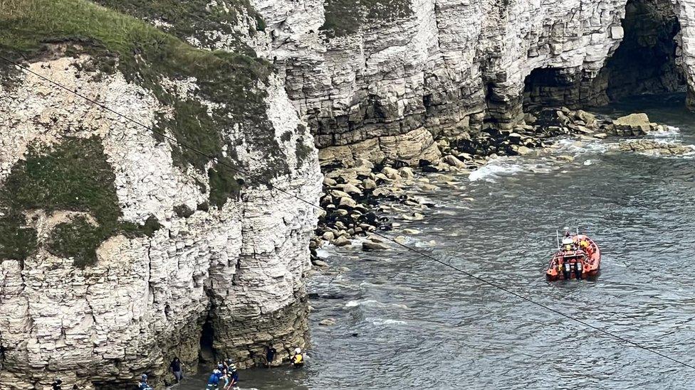 Coastguard rescue boat on the sea at West Scar near Flamborough