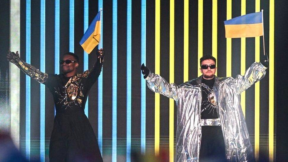 Music duo Tvorchi of Ukraine appears on stage during the final of the Eurovision Song contest 2023