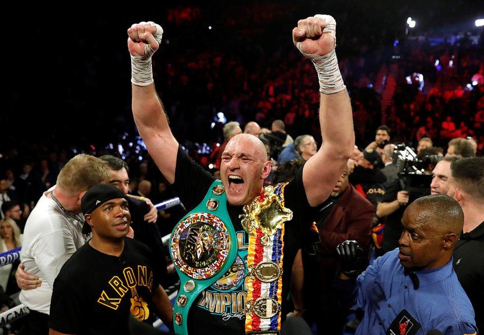 Tyson Fury celebrates winning the WBC Heavyweight title, Las Vegas. 23 February 2020.