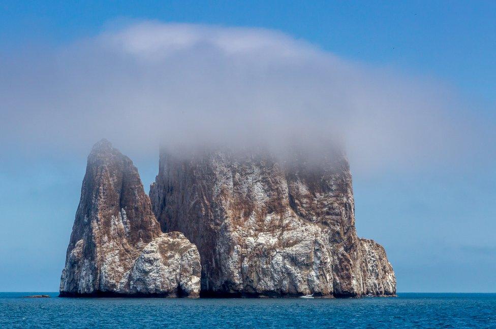 An image of Leon Dormido, or Kicker Rock, taken from Cerro Brujo