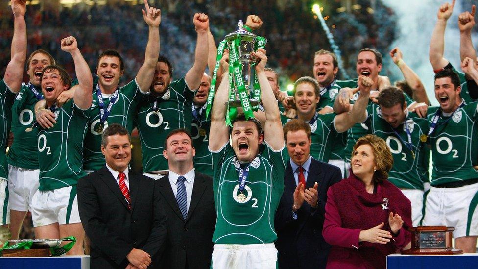 Brian O'Driscoll of Ireland lifts the trophy after Ireland won the Grand Slam as Prince William looks on during the RBS 6 Nations Championship match between Wales and Ireland at the Millennium Stadium on March 21, 2009 in Cardiff, Wales.