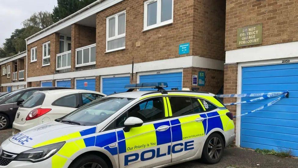 A police vehicle parked outside a housing block. The block consists of a row of properties with two storeys. The living accommodation is on the second floor above garages, which have blue doors. Behind the police car there is police tape attached to a garage door, cordoning off an alley between two of the properties.