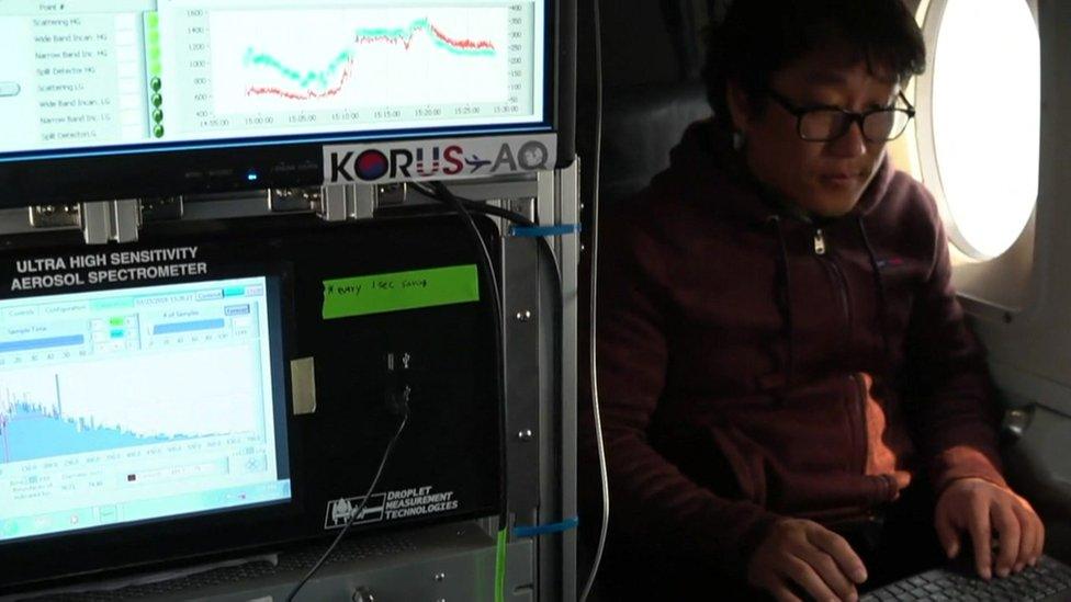 Researchers on the flight checking air pollution levels