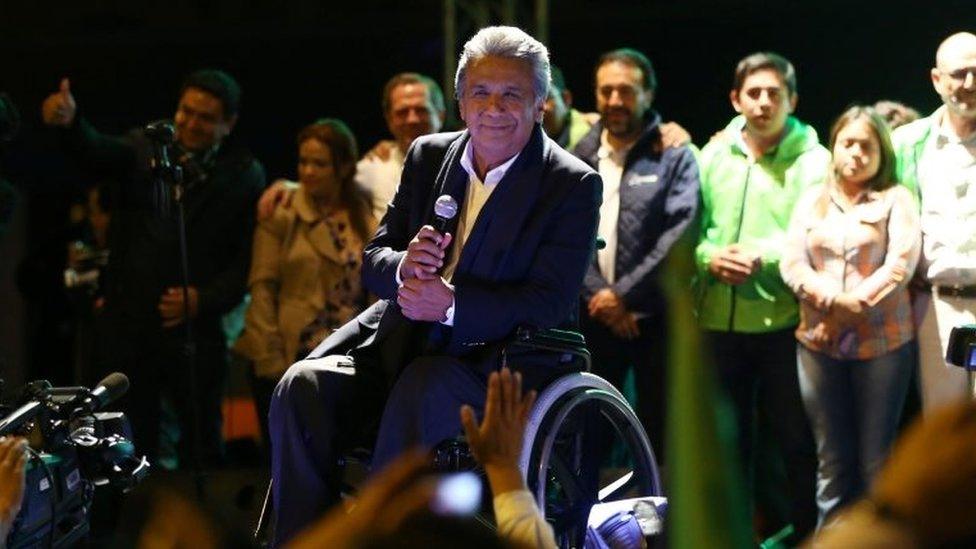 Lenin Moreno, candidate of the ruling PAIS Alliance Party, pauses while celebrating the early results of the presidential election with supporters in Quito, Ecuador February 19, 2017