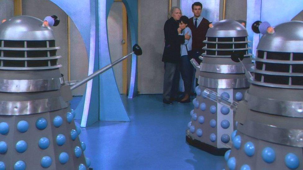 The Doctor (William Hartnell) , Susan (Carole Ann Ford) and Ian Chesterton meet The Daleks for the first time