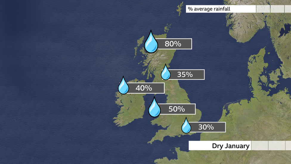 Map of UK with average rainfall amounts for January 2022