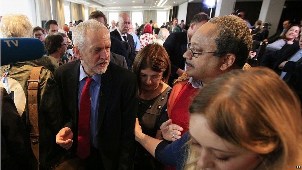 Jeremy Corbyn speaks to Marc Wadsworth at the launch of the Chakrabarti report in 2016