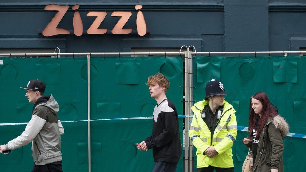 Police officers continue to stand guard outside the Zizzi restaurant in Salisbury, as police and members of the armed forces continue to investigate the suspected nerve agent attack on Russian double agent Sergei Skripa on March 12, 2018 in Wiltshire, England.