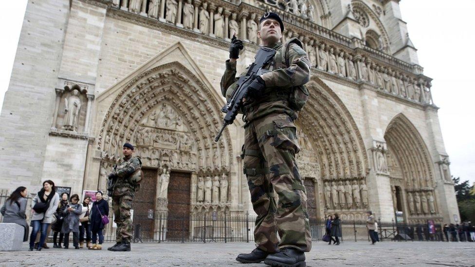 Soldiers outside Notre Dame cathedral