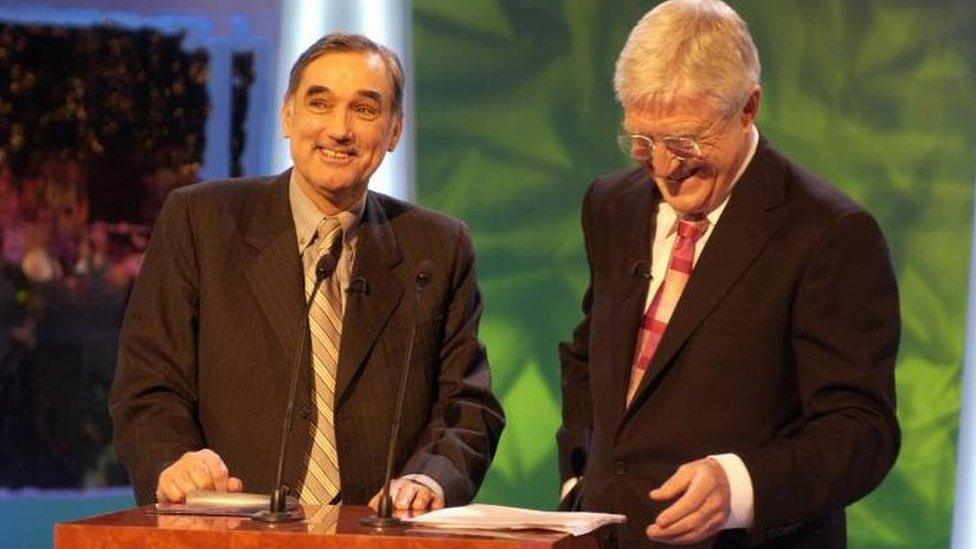 George Best and Michael Parkinson on stage at TV Moments 2001 - celebrating the best strangest or mystifying moments of the year