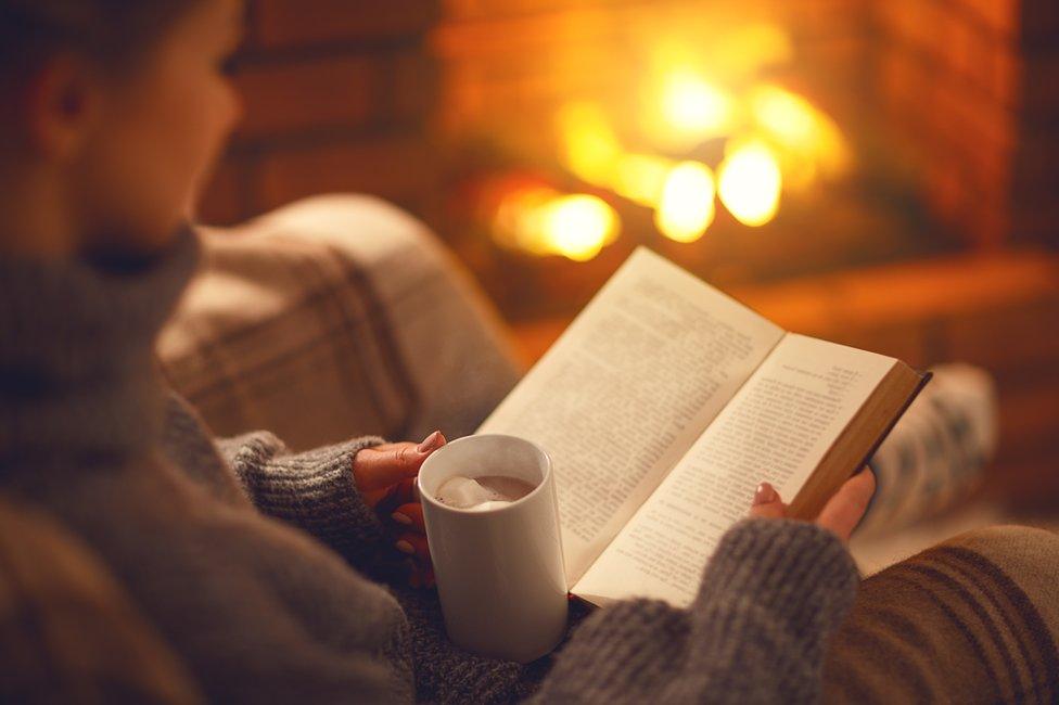 A woman reading a book in front of a fire