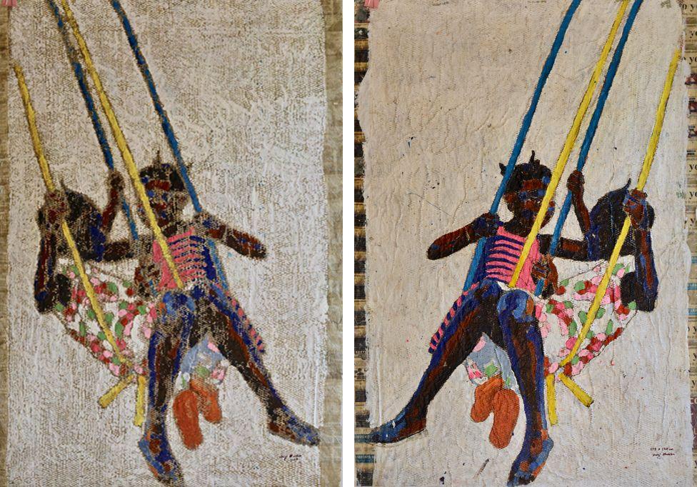 Medium: Acrylic on perforated newspaper. Mirrored paintings of two girls in colourful clothes sharing a swing made of blue and yellow cables. The background is white.