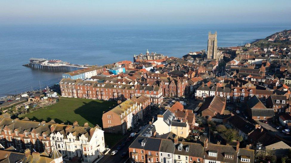 Aerial view of Cromer looking over the Norfolk seaside town towards the coast.