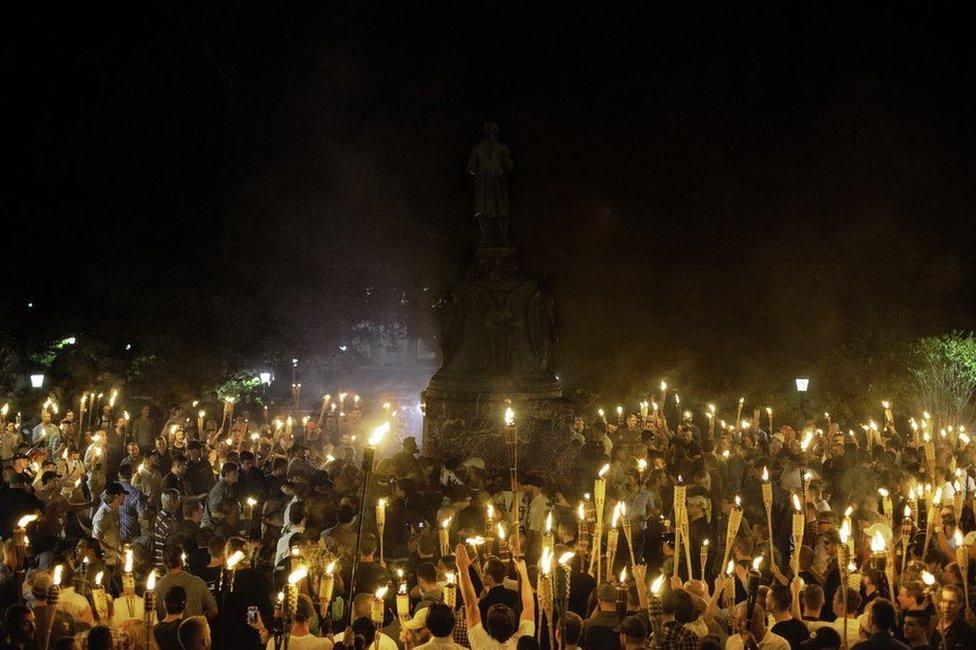 White nationalists gather at the base of the Thomas Jefferson statue on the UVA campus