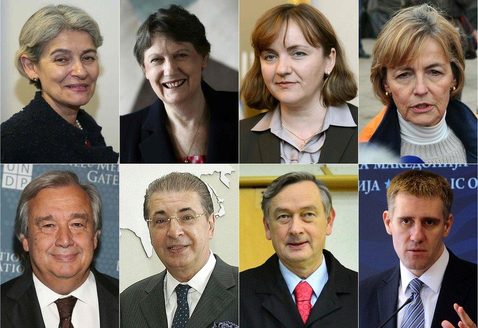 Top row: Irina Bokova, Helen Clark, Natalia Gherman, Vesna Pusic. Bottom row: Antonio Guterres, Srgjan Kerim, Danilo Turk, Igor Luksic