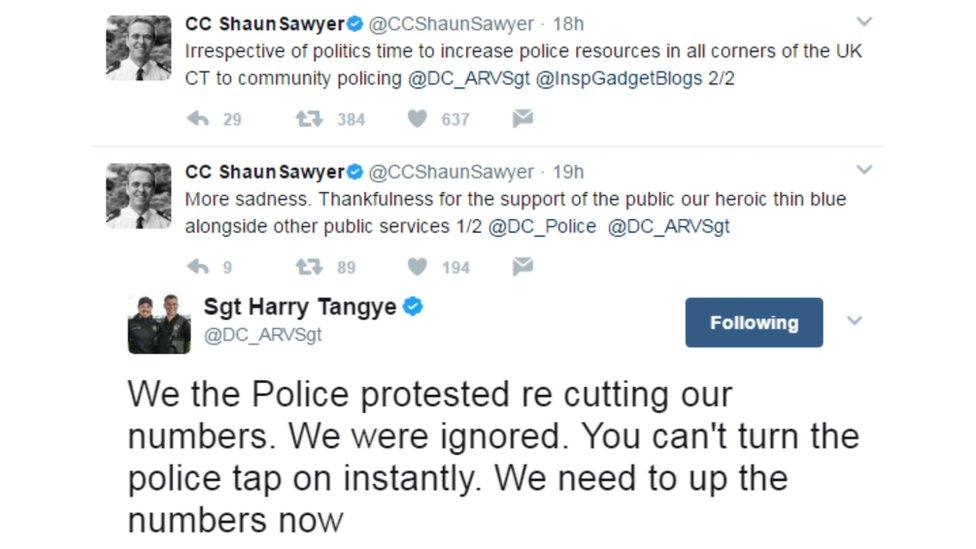 The officers were tweeting after a terror attack in London in which seven people were killed