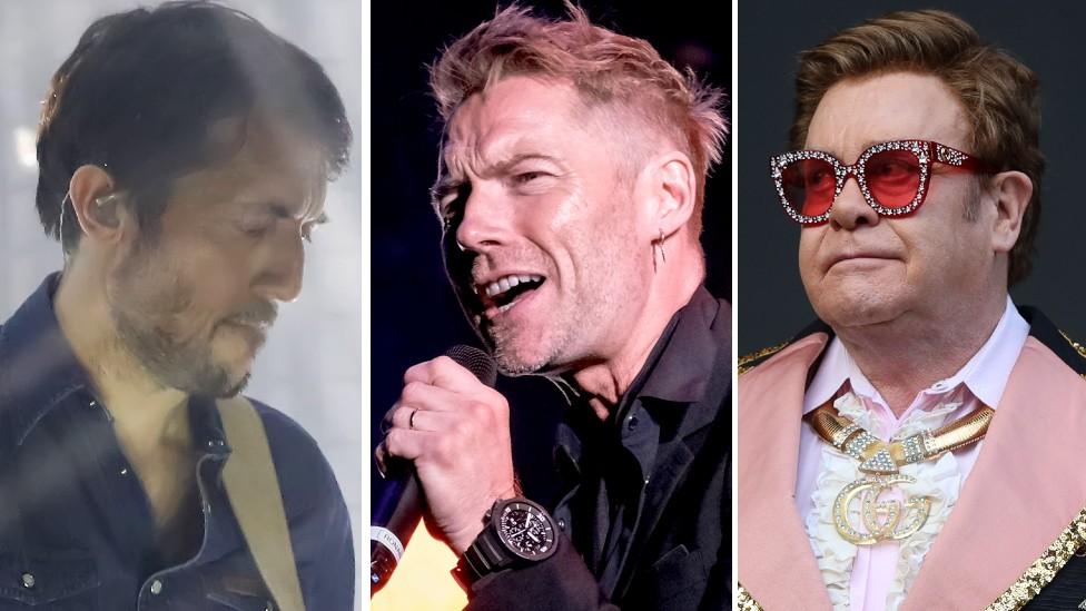 (Left to right) Radiohead's Colin Greenwood, Ronan Keating and Sir Elton John