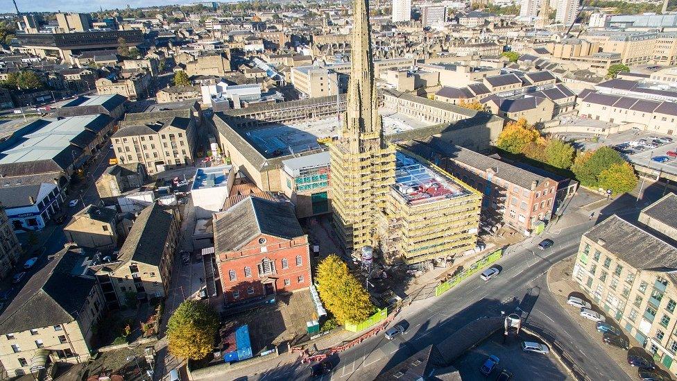 Calderdale Industrial Museum (red-brick building on left) next to the Square Church spire