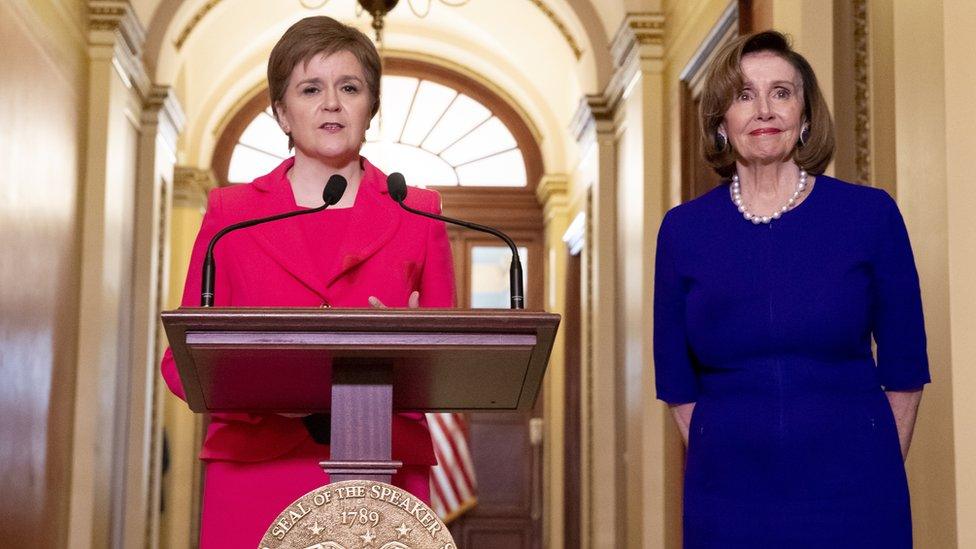 US Speaker of the House Nancy Pelosi (R) and First Minister of Scotland Nicola Sturgeon (L) deliver brief remarks to members of the news media before their meeting on Capitol Hill in Washington, DC,