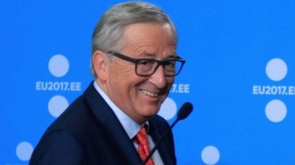 President of the European Commission Jean-Claude Juncker (L) and Prime Minister of Estonia, Jueri Ratas during a joint press conference to mark the start of Estonia's six month rotating EU presidency on 30 June 2017.