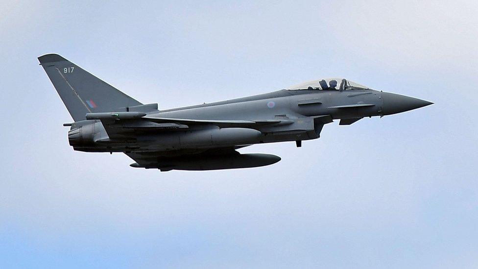 RAF Typhoon at a fly-past during the Farnborough Airshow, 17 July 2018