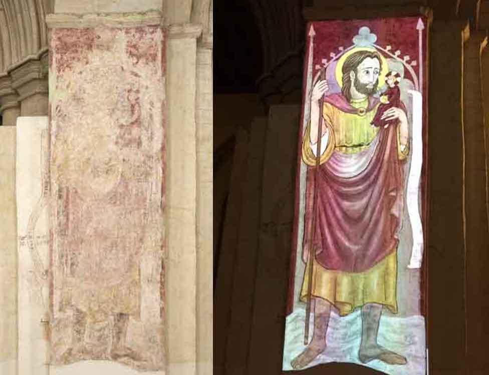 St Christopher wall painting and light projection