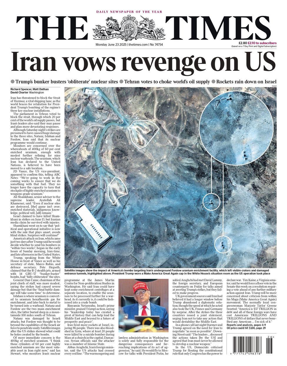The headline on the front page of the Times reads: "Iran vows revenge on US"