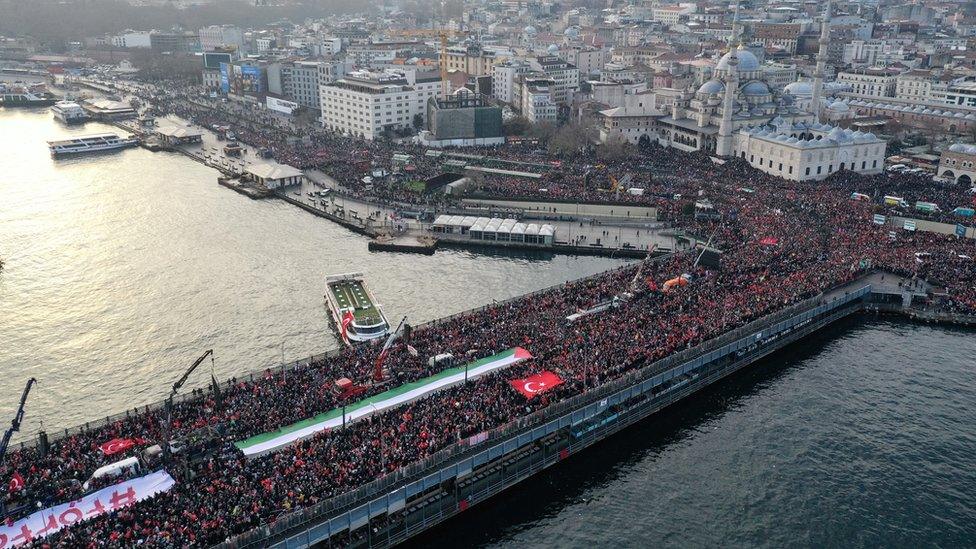 Tens of thousands of participants gathered in mosques for morning prayers and march for Palestinians killed by Israeli attacks in Gaza, on 1 January 2024 in Istanbul, Turkey