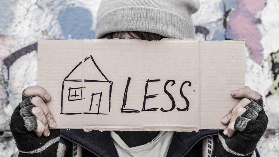 Man with homeless sign