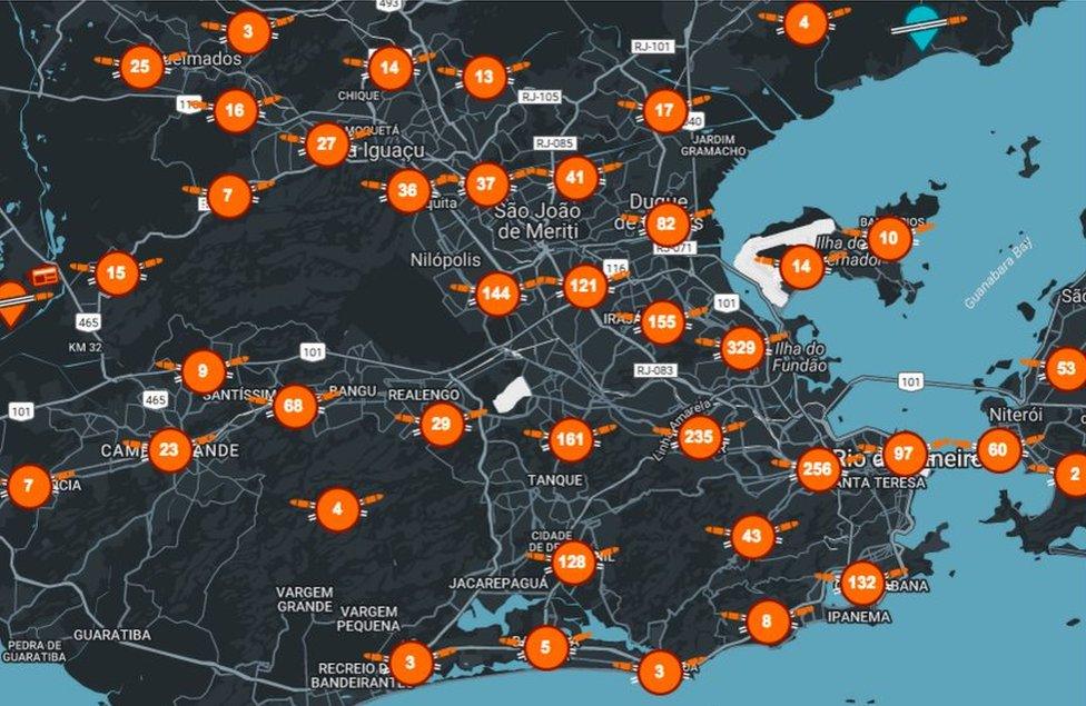 Map of shootouts in Rio, according to Amnesty International