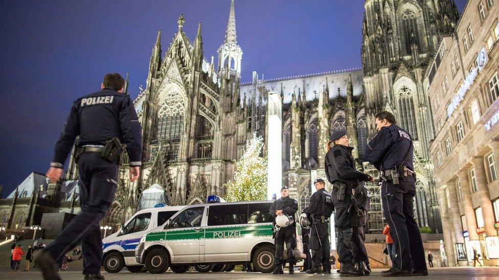 Police outside the main railway station next to Cologne cathedral. 6 January 2016