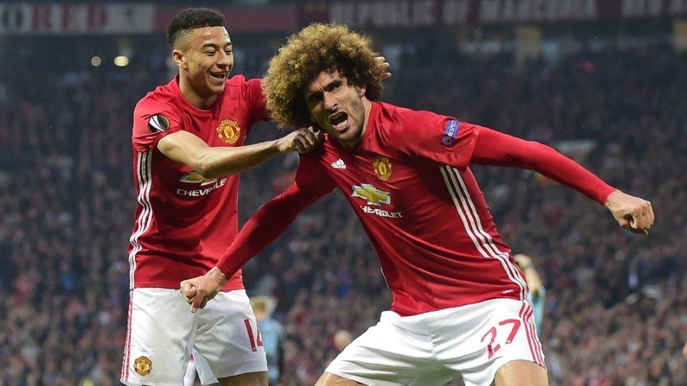 Marouane Fellaini celebrates after scoring in the Europa League semi final