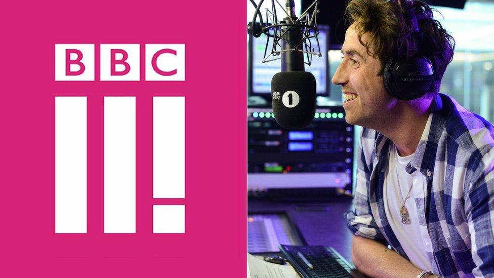 BBC Three logo and Radio 1 DJ Nick Grimshaw