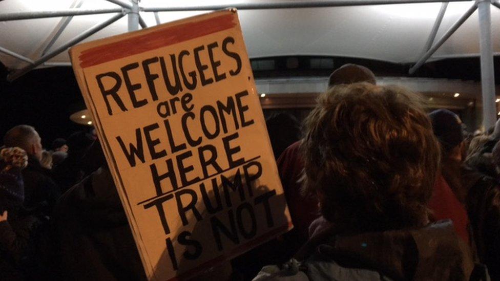 A protester at the Trump travel ban demo in Cardiff